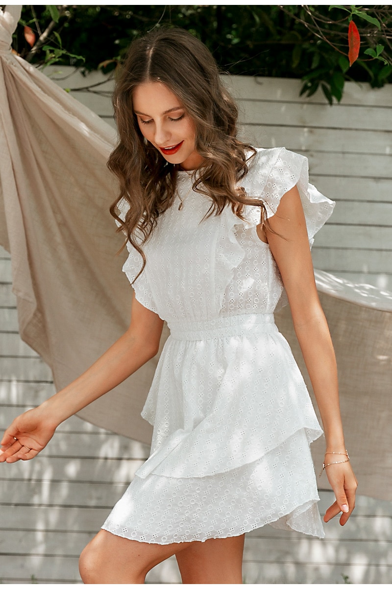 Boho White Women's Mini Dress with Ruffles