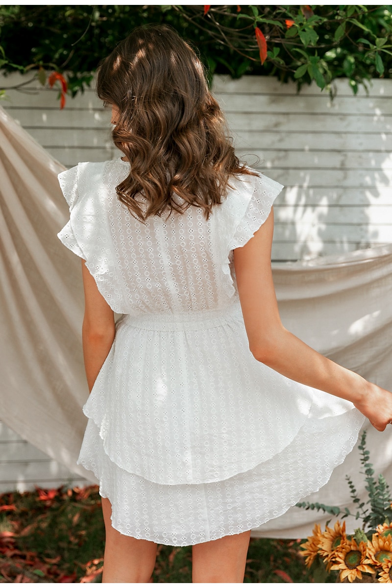 Boho White Women's Mini Dress with Ruffles