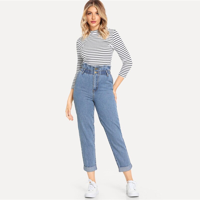 Women's High Waist Rolled Jeans