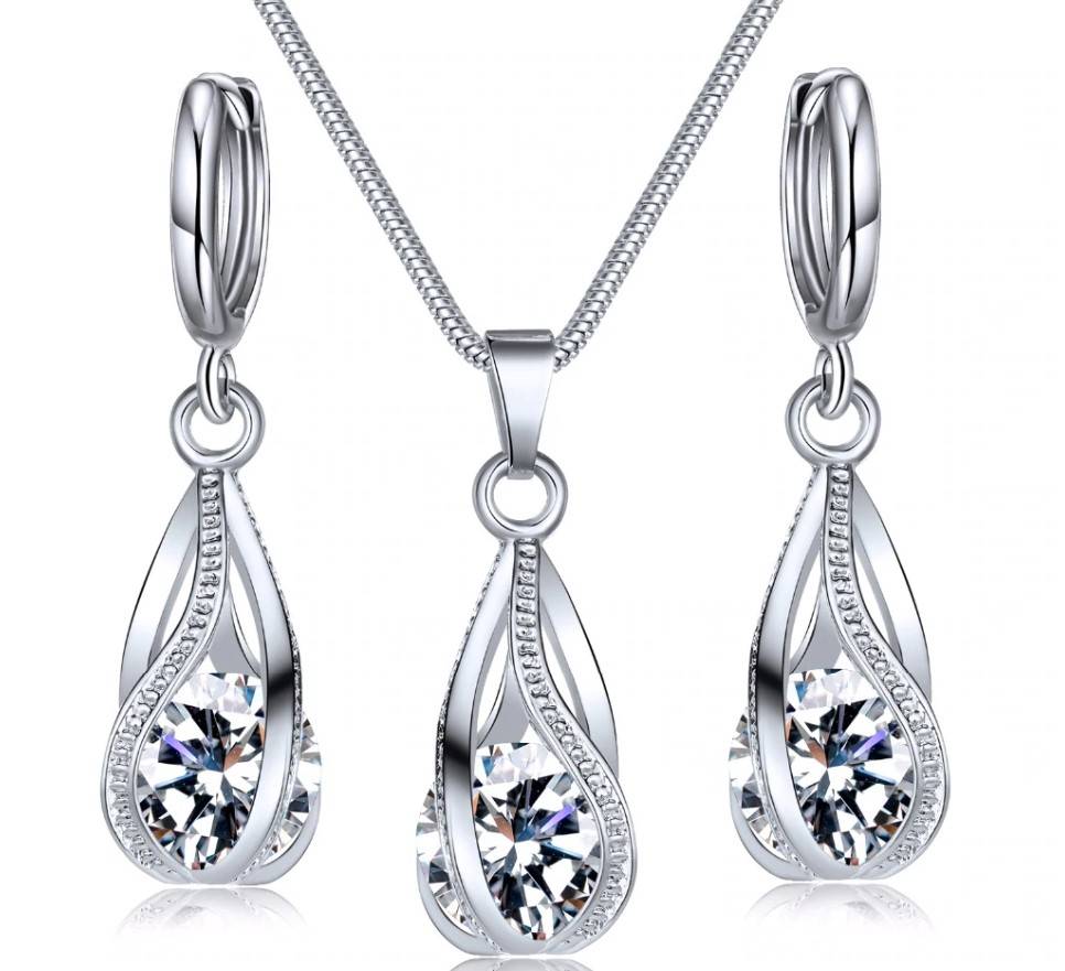 Women's Silver Drop Necklace and Earrings Set