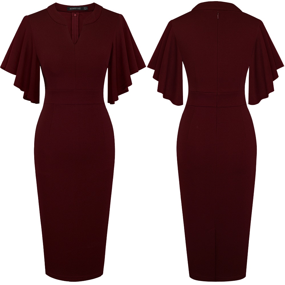 Women's Midi Pencil Dress with Ruffled Sleeves