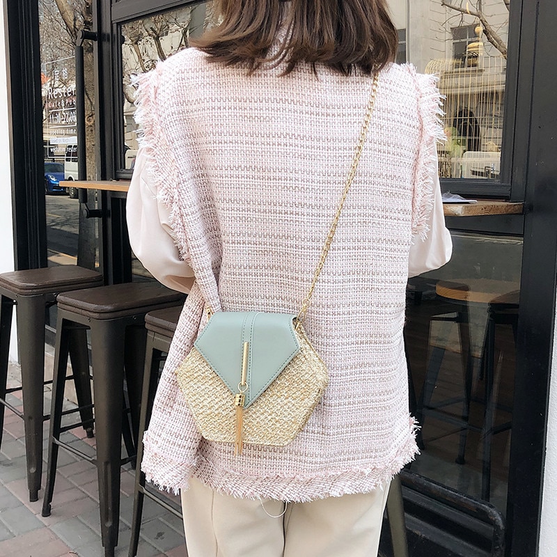Women's Hexagon Shaped Straw Bag
