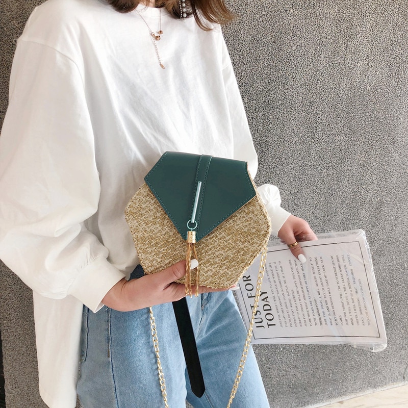 Women's Hexagon Shaped Straw Bag