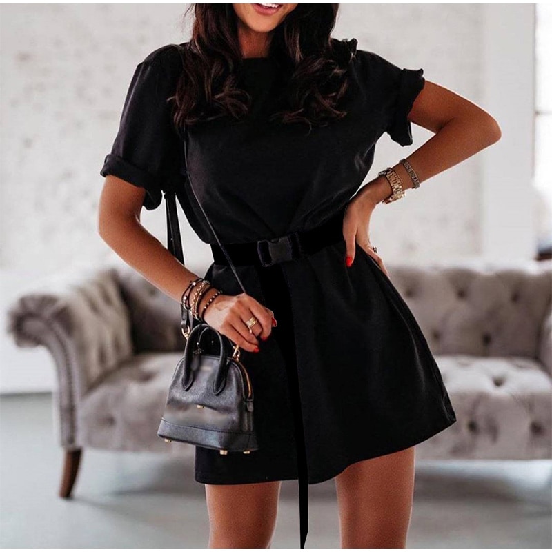 Summer Women's Shirt Style Mini Dress with Black Belt