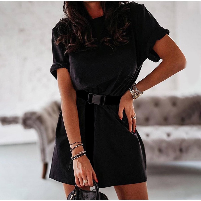 Summer Women's Shirt Style Mini Dress with Black Belt