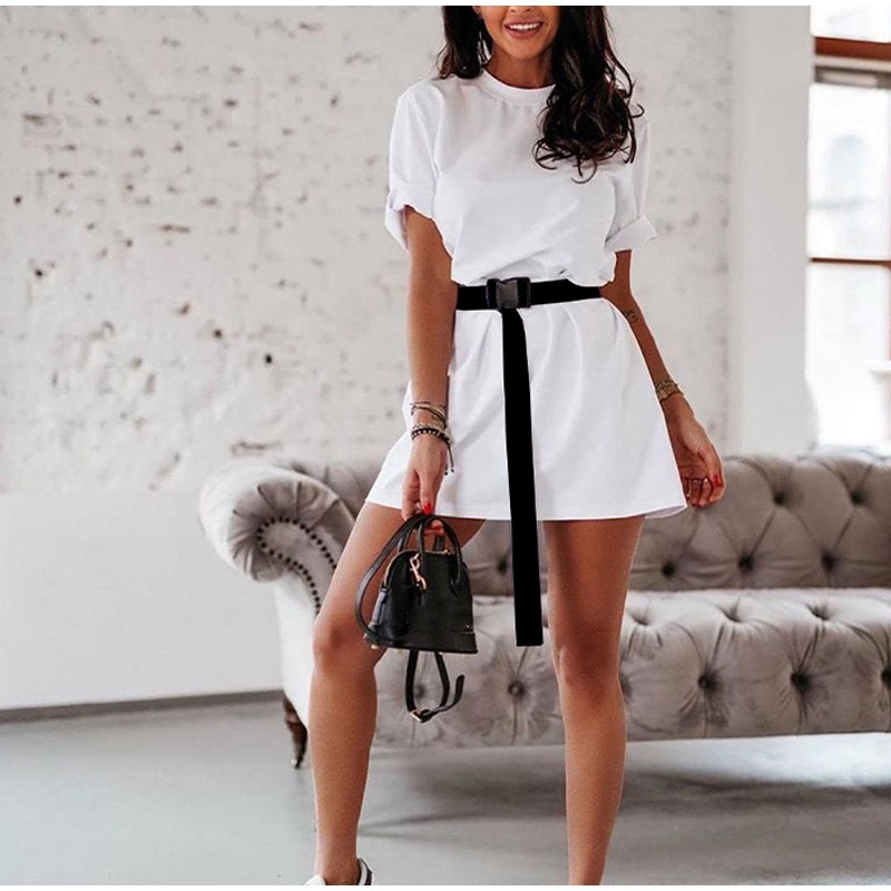 Summer Women's Shirt Style Mini Dress with Black Belt