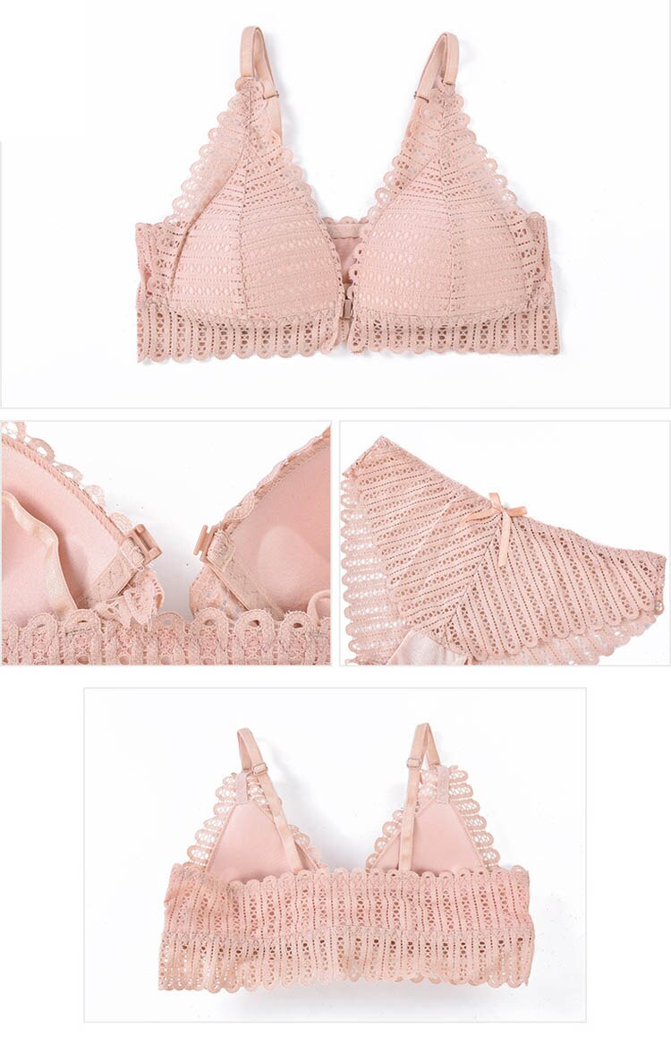 French Lace Front Closure Bra with Panties Set for Women