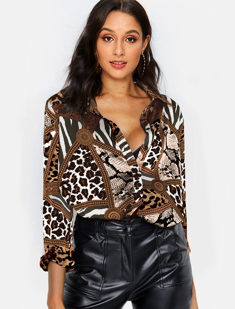 Women's Leopard Printed Long Sleeve Blouse