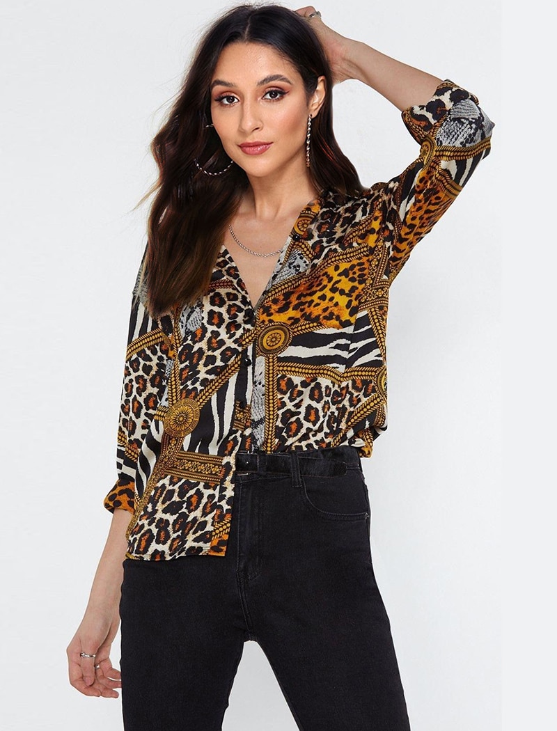 Women's Leopard Printed Long Sleeve Blouse
