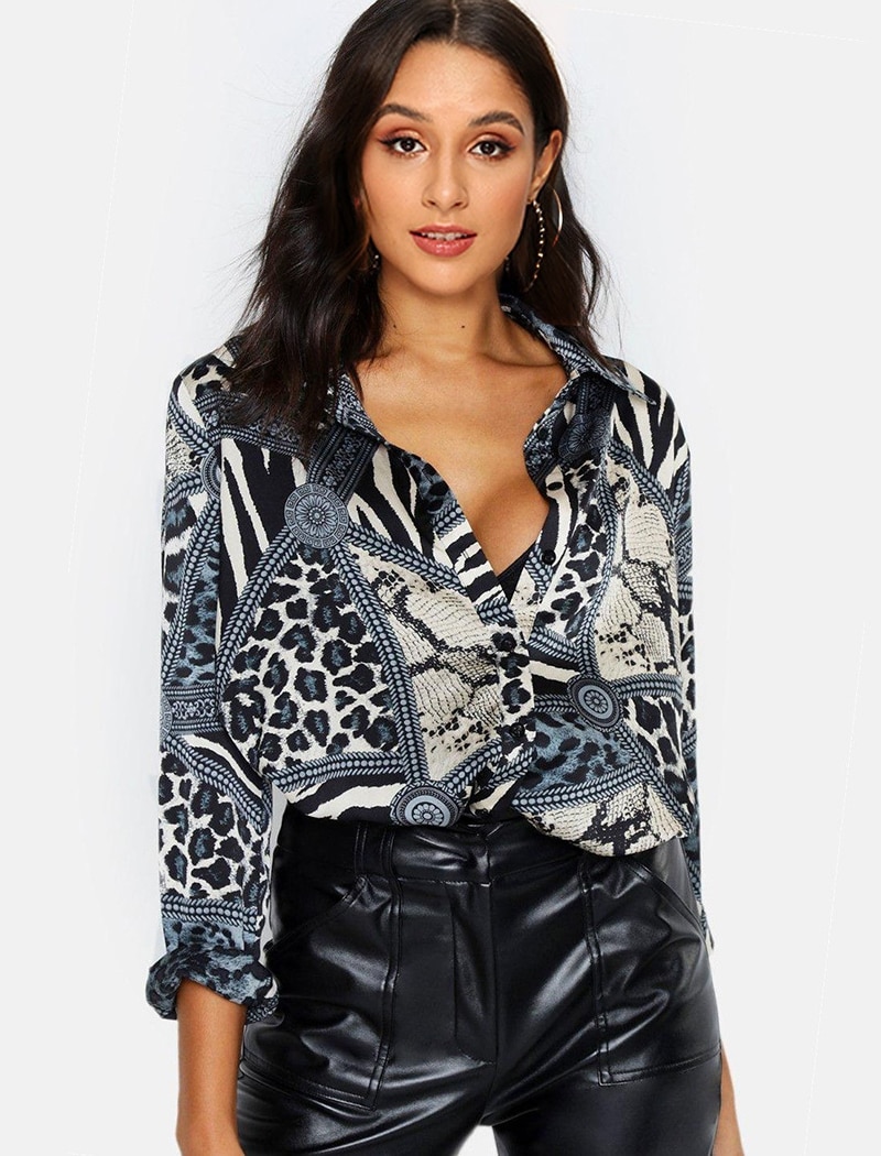Women's Leopard Printed Long Sleeve Blouse