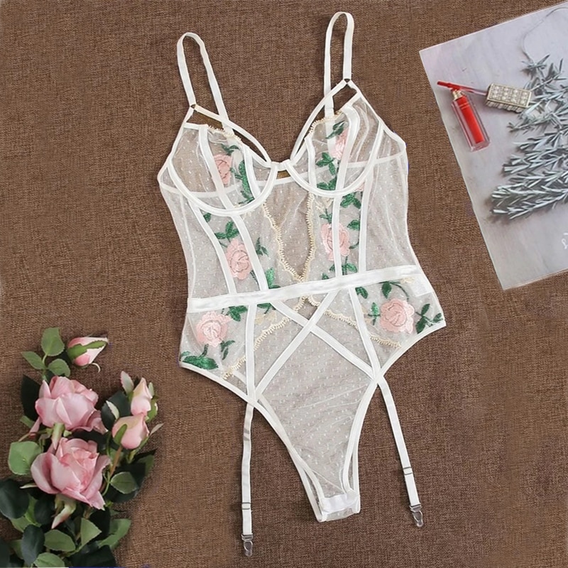 White Mesh Teddy Bodysuit for Women