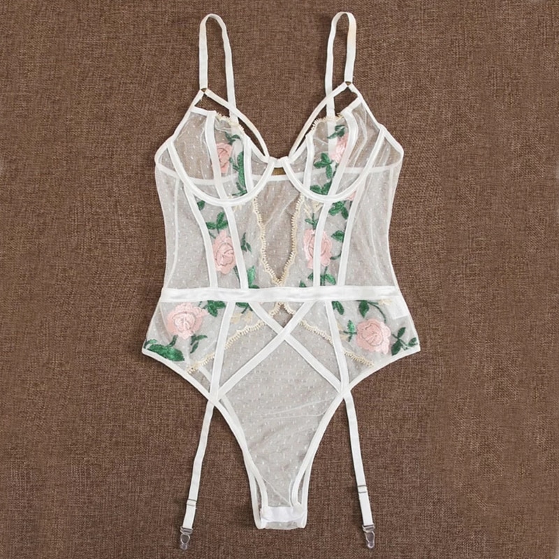 White Mesh Teddy Bodysuit for Women