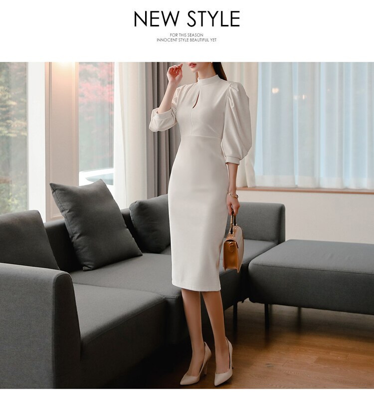 Women's Stand Collar Puff Sleeve White Dress