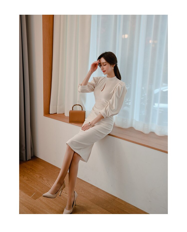 Women's Stand Collar Puff Sleeve White Dress