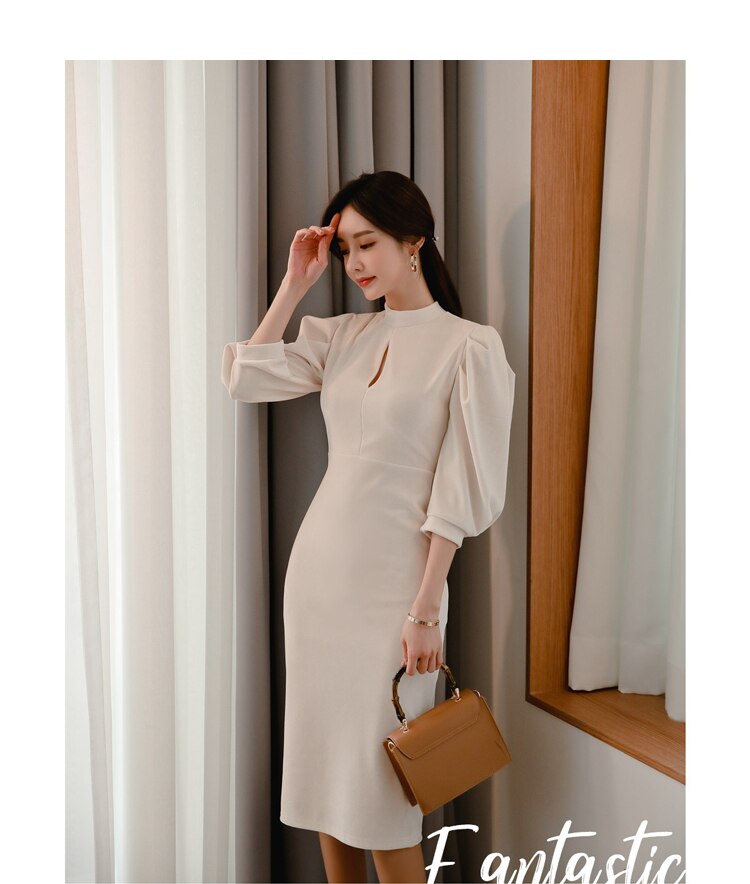 Women's Stand Collar Puff Sleeve White Dress