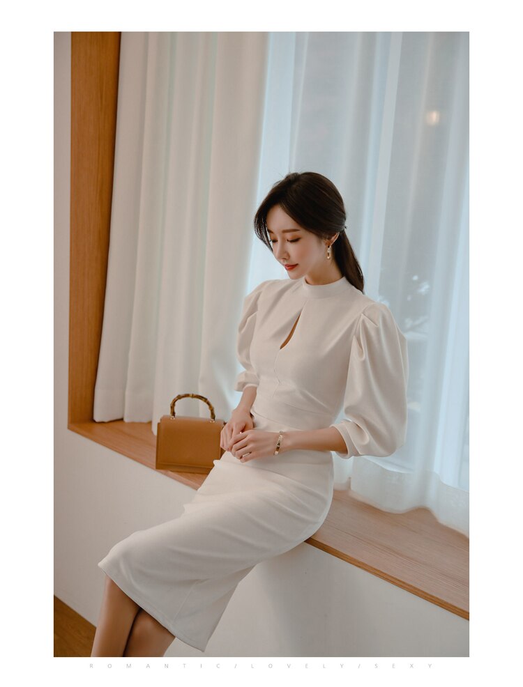 Women's Stand Collar Puff Sleeve White Dress