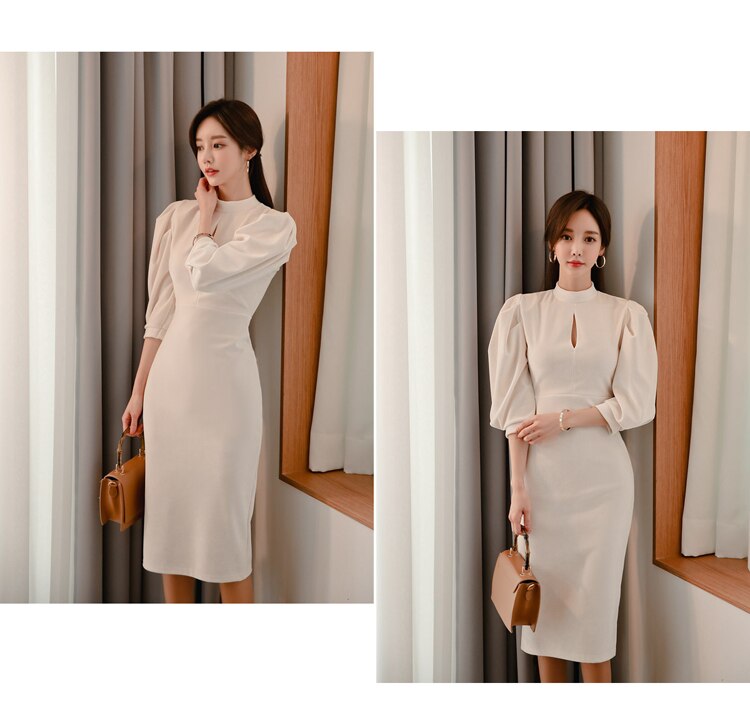 Women's Stand Collar Puff Sleeve White Dress