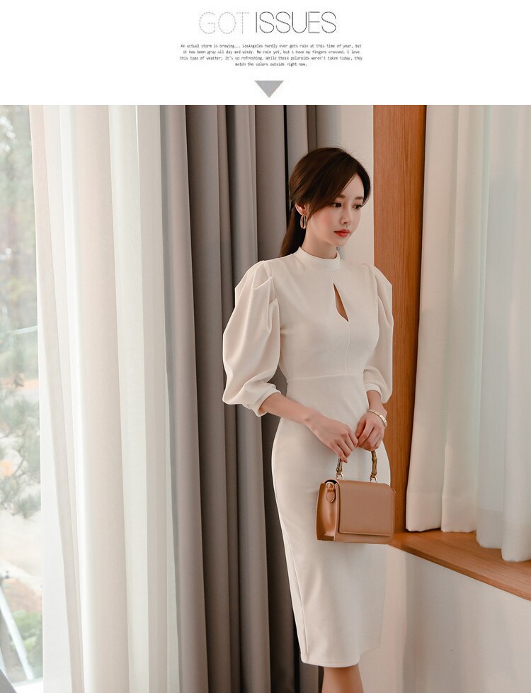 Women's Stand Collar Puff Sleeve White Dress