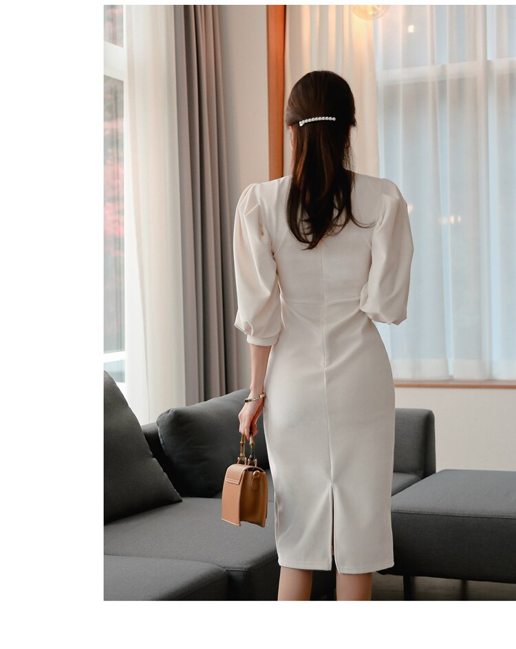 Women's Stand Collar Puff Sleeve White Dress
