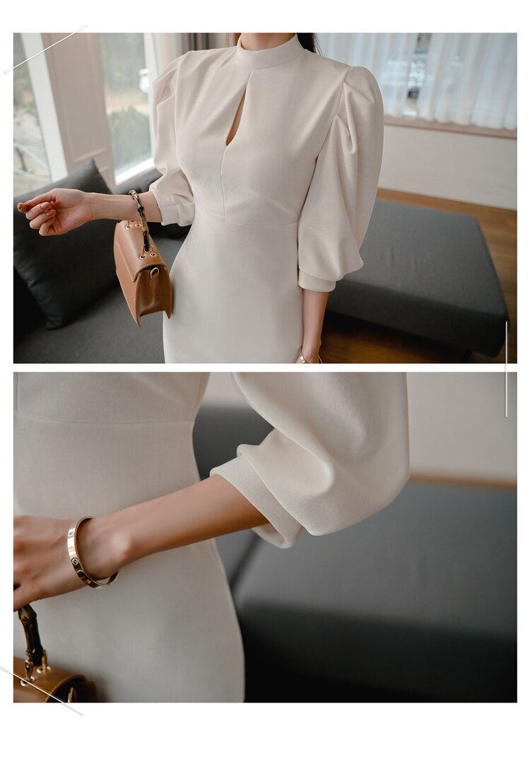 Women's Stand Collar Puff Sleeve White Dress