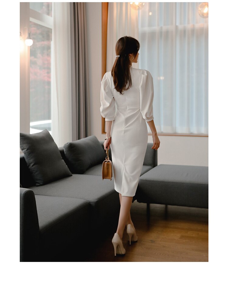 Women's Stand Collar Puff Sleeve White Dress