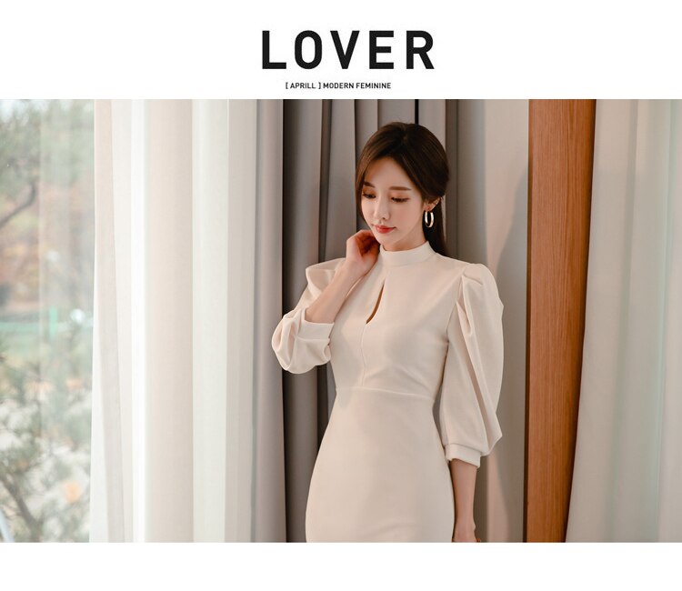 Women's Stand Collar Puff Sleeve White Dress