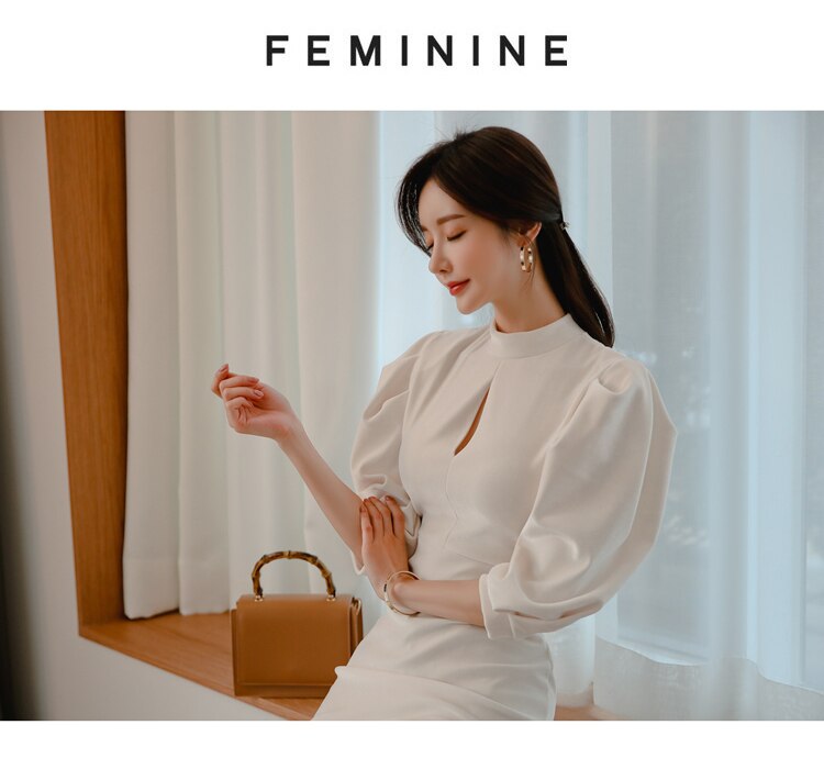 Women's Stand Collar Puff Sleeve White Dress