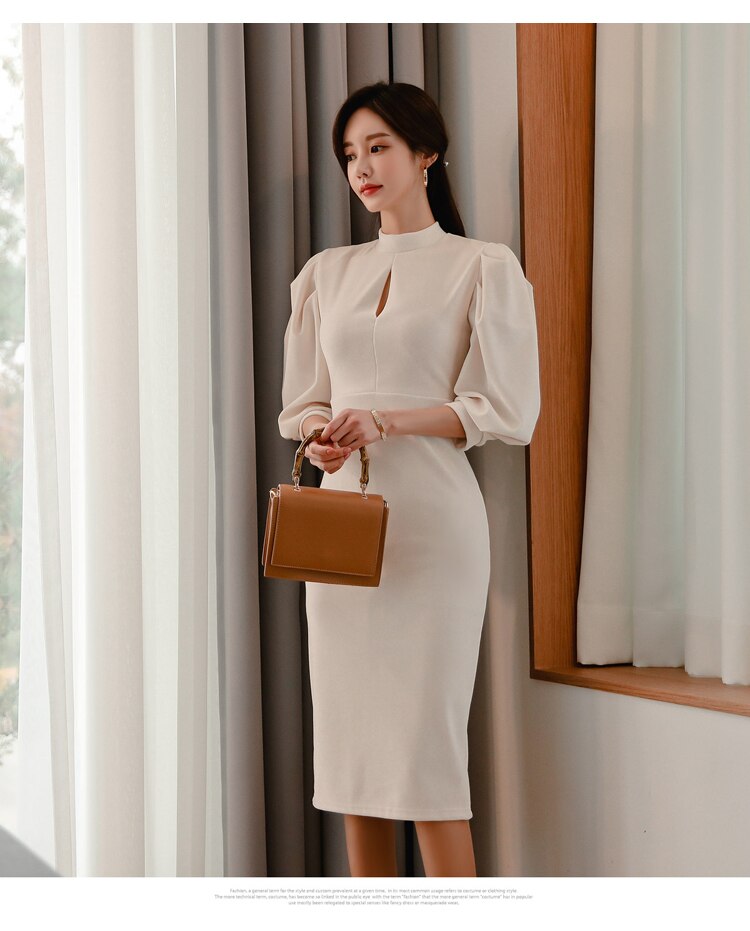 Women's Stand Collar Puff Sleeve White Dress