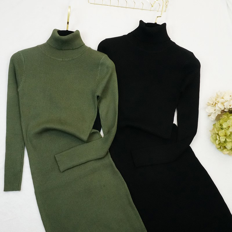 Women's Knitted Solid Color Turtleneck Dress