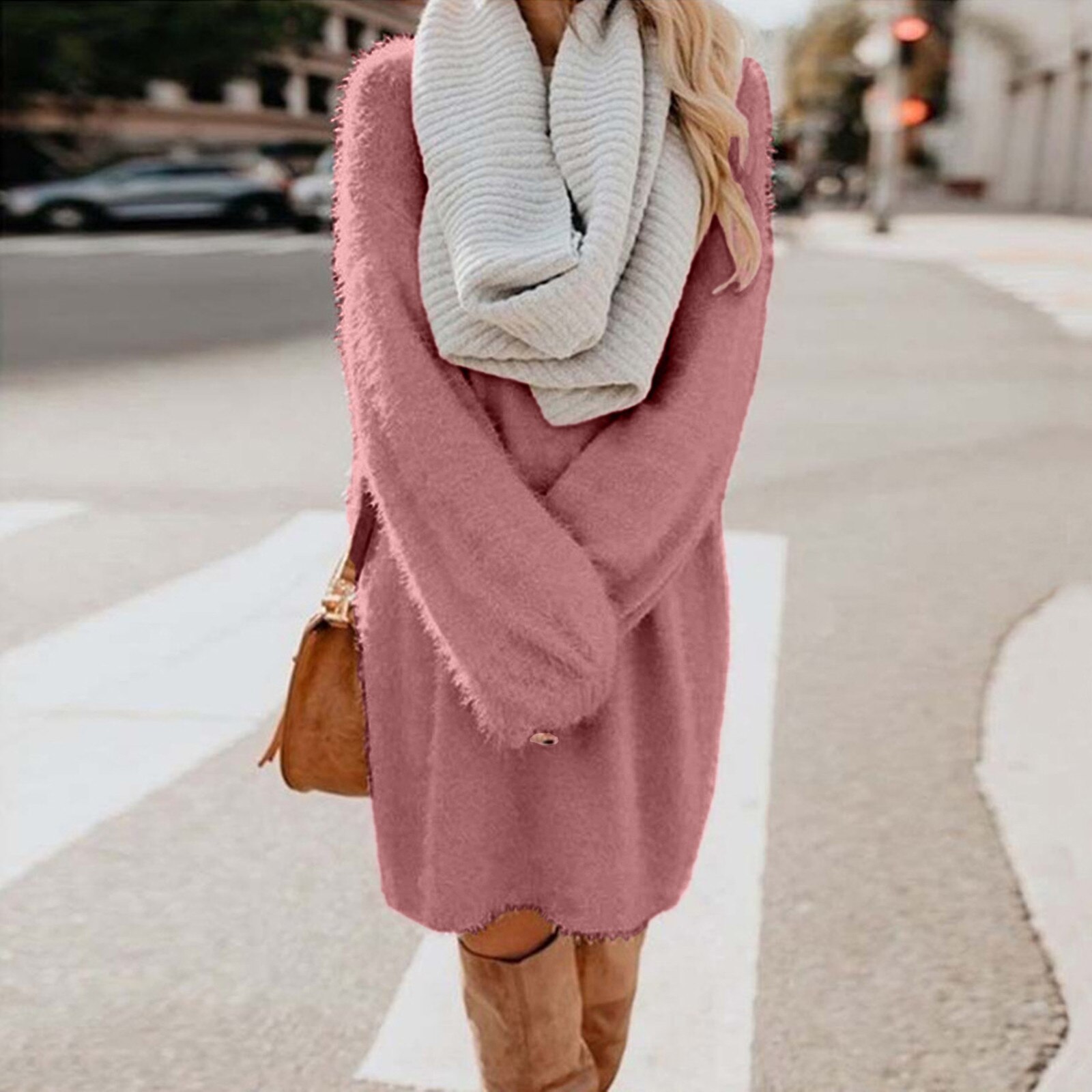 Solid Color Knitted Sweater Dress for Women
