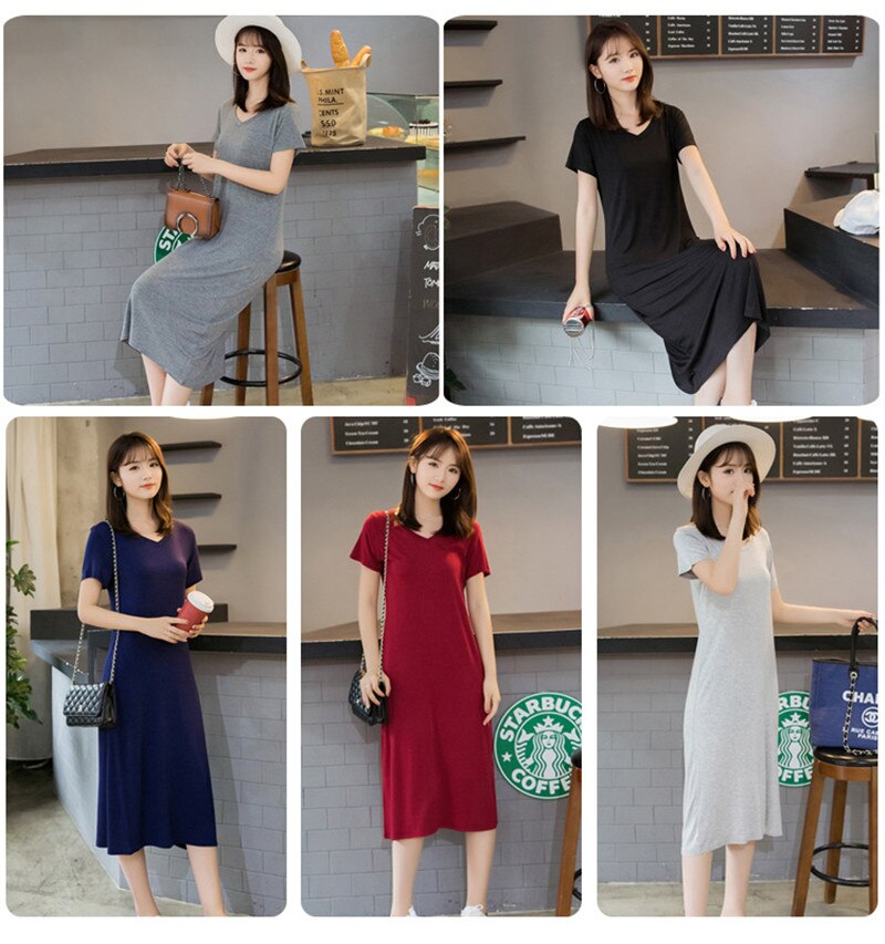 Women's Solid V-Neck Short Sleeved Summer T-Shirt Dress